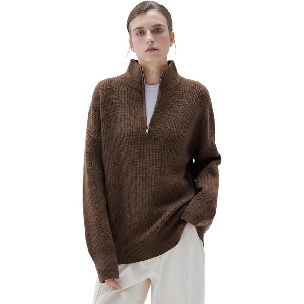 Women Brown Oversized Cashmere Collared Ribbed Long Sleeve Sweater - Picture 4 of 7